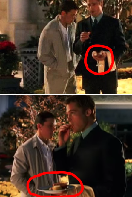 In Ocean's Eleven, Brad Pitt's shrimp cocktail container changes from a glass, to a plate, and then back to a glass again.