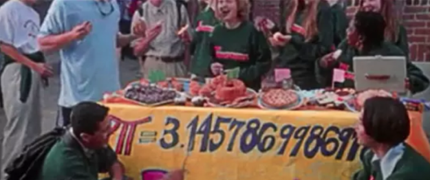 In Never Been Kissed, Josie and her friends make a giant poster with the number pi on it, but they recite pi incorrectly. It's actually 3.14159.
