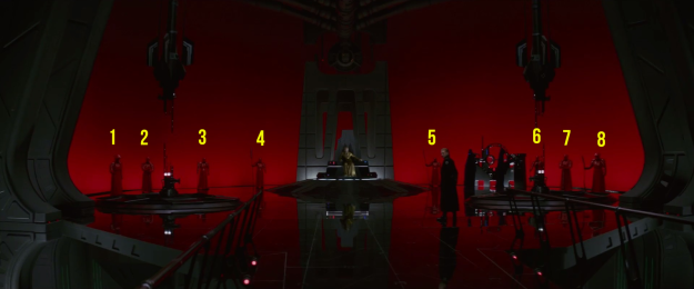 Snoke had eight Praetorian guards — specifically, four sets of pairs, with each pair trained to use the same weapons.