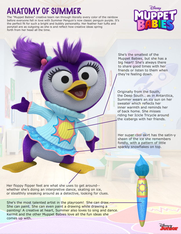 And today we have an exclusive first look at a brand new Muppet Baby who will be joining the crew, Summer Penguin: