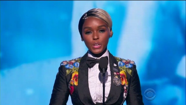 "Tonight, I am proud to stand in solidarity, as not just an artist, but a young woman, with my fellow sisters in this room who make up the music industry," Monáe said.