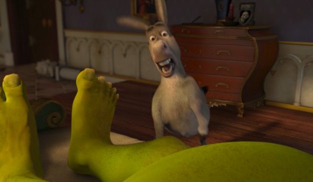 In the beginning of Shrek the Third, when Donkey pulls the covers off of Shrek and then screams...