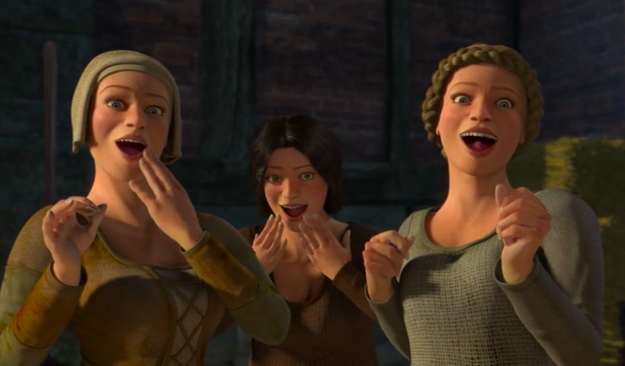 When Shrek's pants fall down, and the damsels look super pleased with what they see...