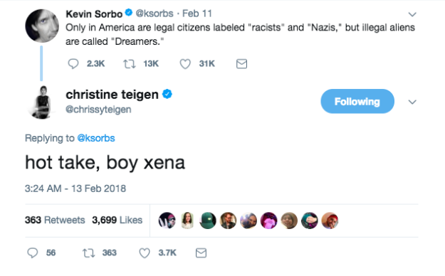 Well, after coming across Sorbo's tweet in the middle of the night, Teigen offered up a blistering reply on Tuesday: "Hot take, boy Xena."