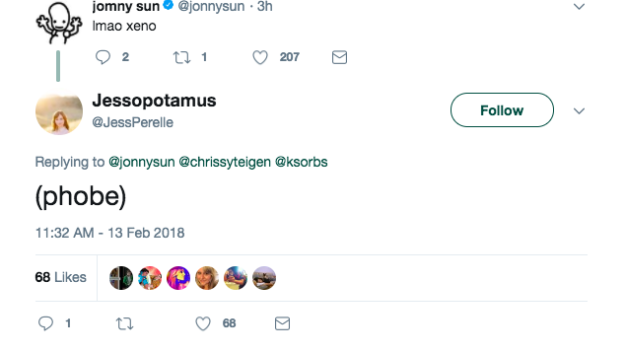 Author, illustrator, and prankster Jonathan Sun tweeted, "Xeno" at Teigen and Sorbo, which morphed into an entirely different joke when followed by another Twitter user who wrote "(phobe)."
