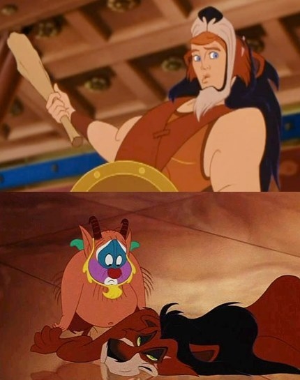 In Hercules, Phil and Hercules use Scar's pelt when training.
