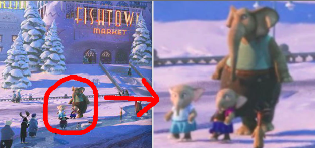 In Zootopia, you can clearly see two sibling elephants in Tundra Town who are dressed as Elsa and Anna from Frozen.