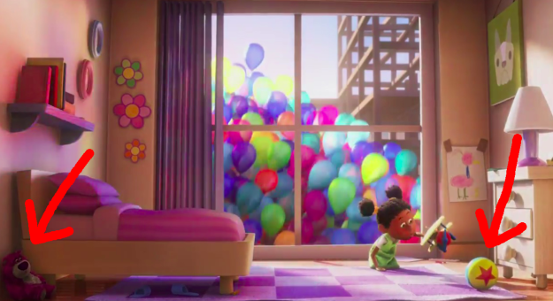 In Up, the Pixar ball and a Lots-o'-Huggin' Bear from Toy Story 3 are visible after Carl's house takes flight.