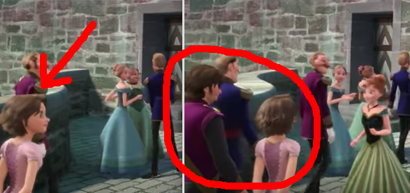 In Frozen, Elsa's coronation has two special guests: Rapunzel and Flynn from Tangled.