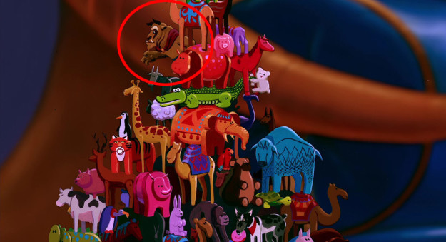 In Aladdin, the Beast makes a cameo in a scene when the Sultan stacks toys.