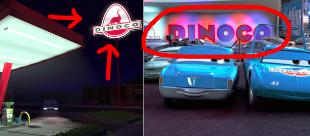 In Toy Story, Buzz and Woody stop at a Dinoco gas station, which is the brand that Lightning McQueen tries to get sponsored by in Cars.