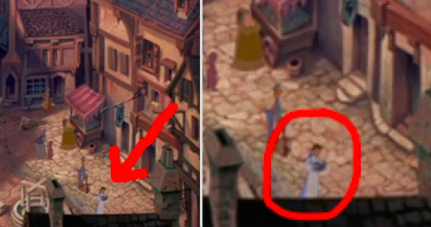 In The Hunchback of Notre Dame, Belle can be seen as she walks and reads through the village.