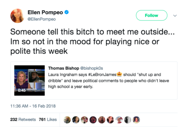 Shortly afterward, the clip went viral and people took to the internet to express their anger at Ingraham's words. Ellen Pompeo, star of Grey's Anatomy said, "Someone tell this bitch to meet me outside...I'm so not in the mood for playing nice or polite this week."