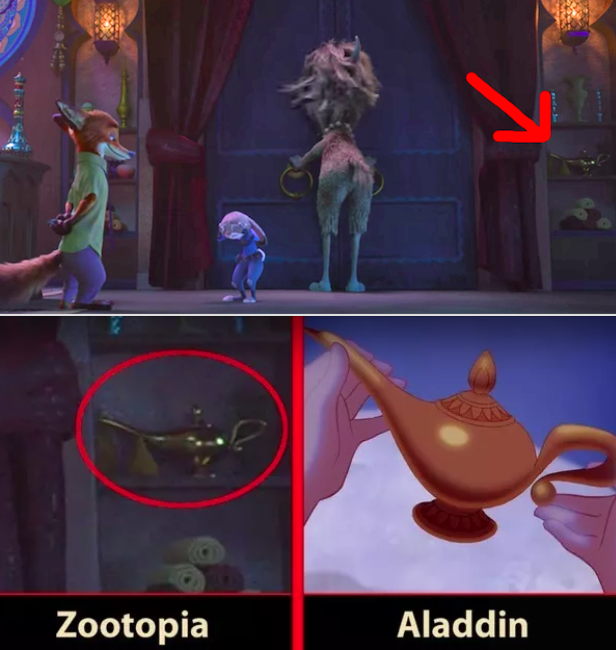 In Zootopia, the Genie's lamp is visible behind Yax the Yak at the Naturalist Club.
