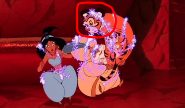 In Aladdin, Rajah's head turns into a hidden Mickey as he changes back into an adult tiger.