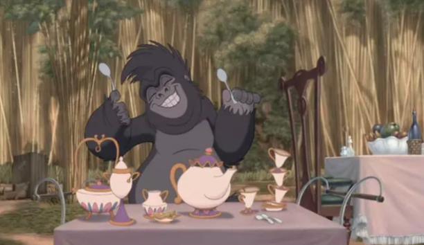 In Tarzan, Mrs. Potts and Chip make their way into the campsite as Jane's fine china.