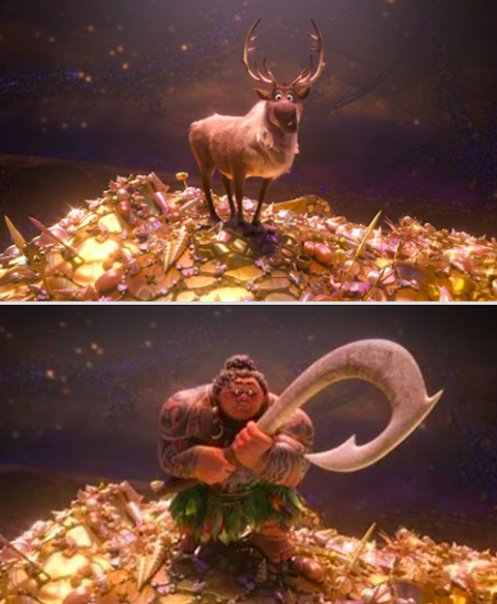 In Moana, Maui quickly transforms into Sven from Frozen.