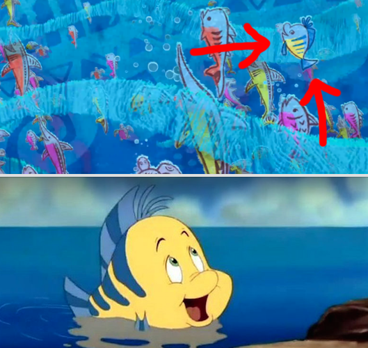 In Moana, Flounder from The Little Mermaid can be spotted during the song "You're Welcome."