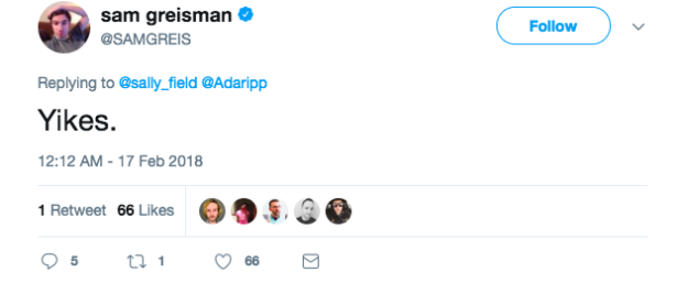 Once Greisman saw what he's mother had done, he replied to her tweet with a simple "Yikes."