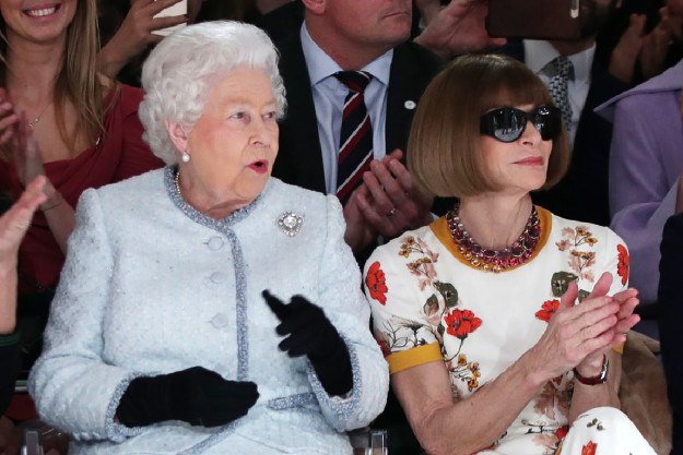 The Queen and Wintour, who was honored as a dame in 2017, attended British designer Richard Quinn's runway show.