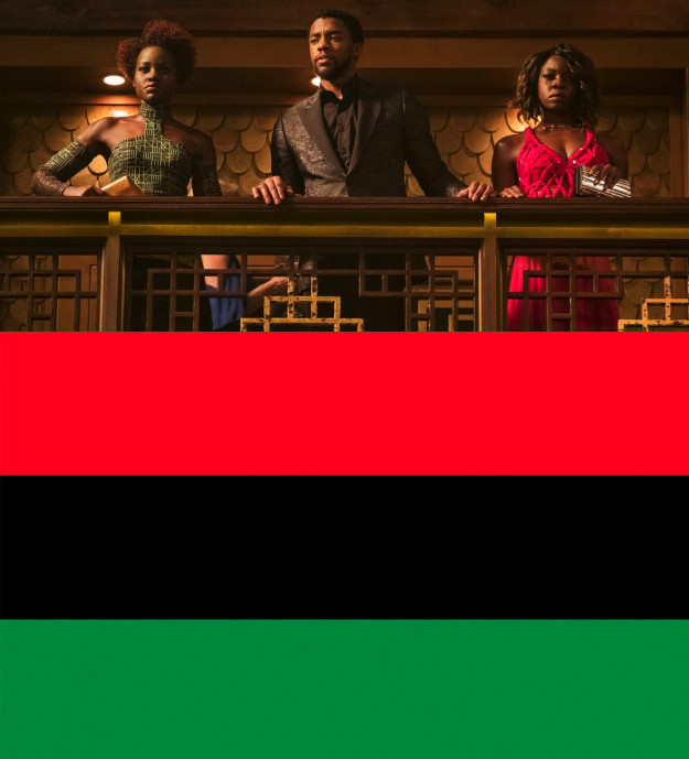 When T'Challa, Okoye, and Nakia are in the casino, they're wearing red, black, and green — i.e. the colors of the Pan-African flag.