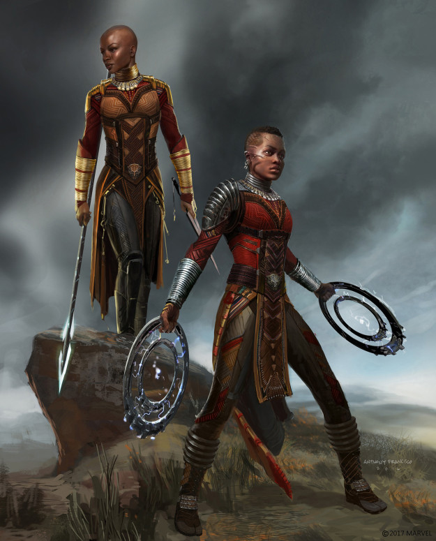 When initially conceptualizing the look for the Dora Milaje, Francisco illustrated a key frame where he imagined Nakia and Okoye "hunting side-by-side like lionesses."