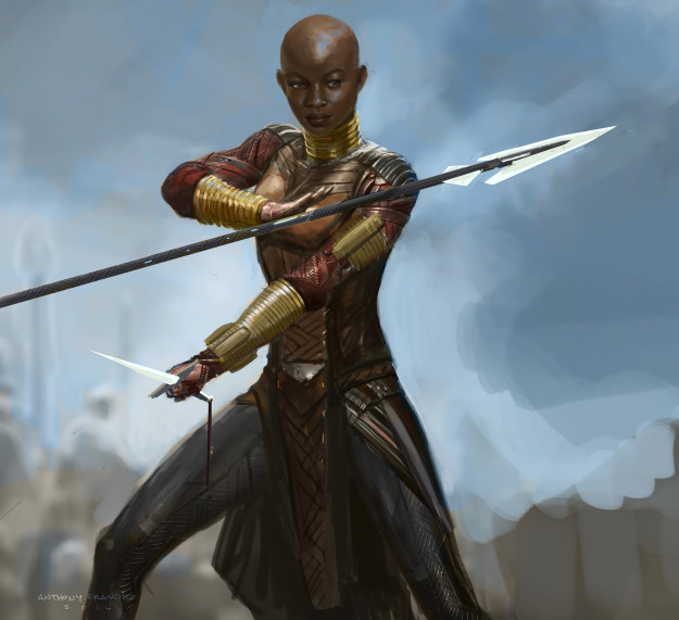 Because Okoye is a traditionalist, Francisco wanted her look to feel symmetrical and have a solid foundation, so the use of a spear as her weapon was very purposeful.