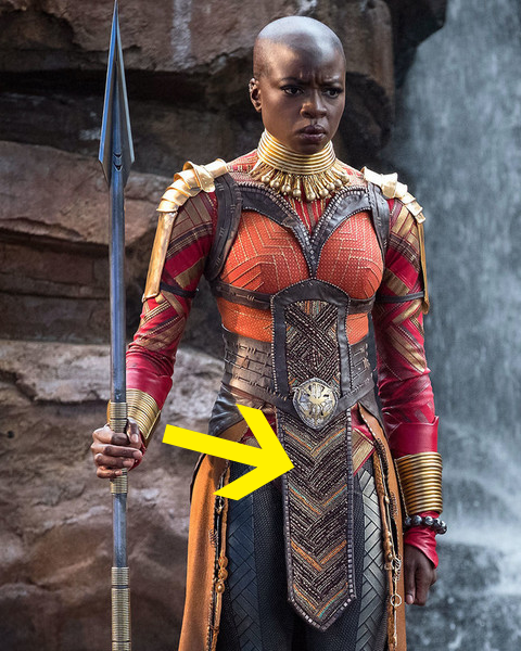 The pattern and the beading on Okoye's tabard was inspired by a table runner in Francisco’s aunt’s house.