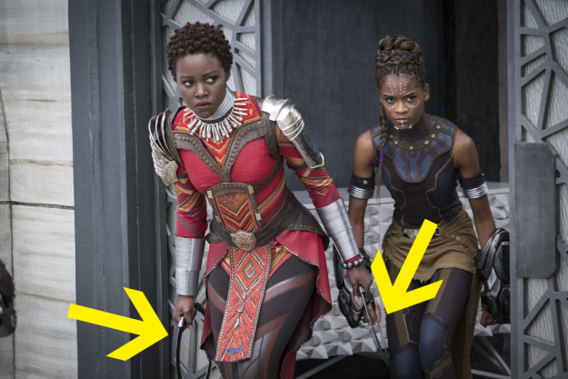 Conversely, when Nakia is in a Dora Milaje uniform, her weapon is a pair of rings.