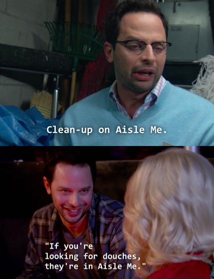 As The Douche, Nick Kroll makes a gross "Aisle Me" joke on Parks and Rec. He makes the very same joke as his character Ruxin on The League.
