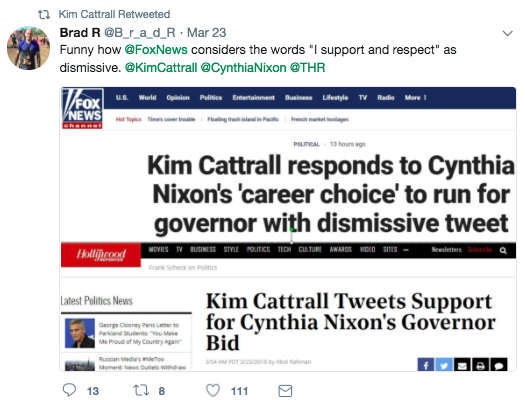 Cattrall retweeted someone who referenced a Fox News article about her tweet and said, "Funny how Fox News considers the words 'I support and respect' as dismissive."