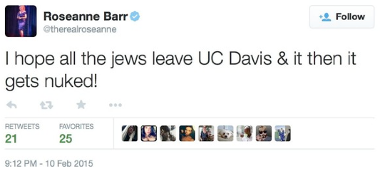 In February of 2015, Barr said she hoped the University of California, Davis would be nuked after students voted to divest from companies said to profit from Israeli settlements in Palestinian territories.