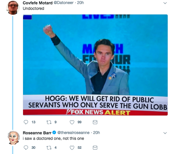 When someone tweeted an image of Hogg raising his fist, Barr said this was not the image she had seen.