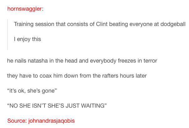 Clint and Natasha must have had an intense dodgeball game or two: