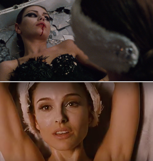 In Black Swan, when Nina thought she killed Lily, but later realized on stage that she actually stabbed herself.