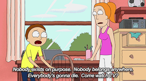 "Don't run. Nobody exists on purpose, nobody belongs anywhere, everybody's gonna die. Come watch TV."—Rick &amp; Morty