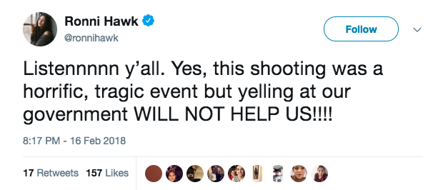 In February, after the Parkland massacre, Hawk also tweeted against protesters demanding that the government enact gun reform.