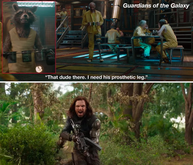 Rocket seems to have a thing for limbs. In Guardians of the Galaxy he jokes that he needs some guy's prosthetic leg and in Avengers: Infinity War he asks Bucky, "How much?" for his new arm that Shuri built.