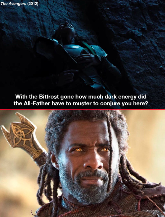 Before sending Hulk back to Earth in Avengers: Infinity War, Heimdall says, "All-Father, let the dark magic flow through me one last time." This is a reference to what Loki says to Thor when he arrived on earth in the first Avengers movie.