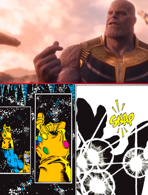 The snap by Thanos that kills half of the universe happens in the Infinity Gauntlet comic as well.