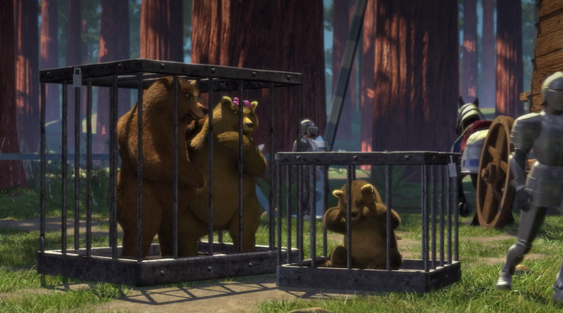 You know at the beginning of the movie when all of the fairytale creatures are getting kicked out of Duloc, and you see the three bears caged?
