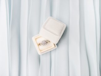Engagement ring in box sitting on white background